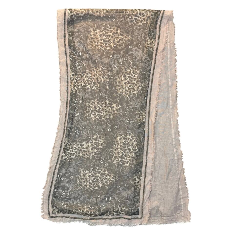 Nalini Wool Blend Scarf Neutral Leopard Mixed Animal Print Fringe Lightweight